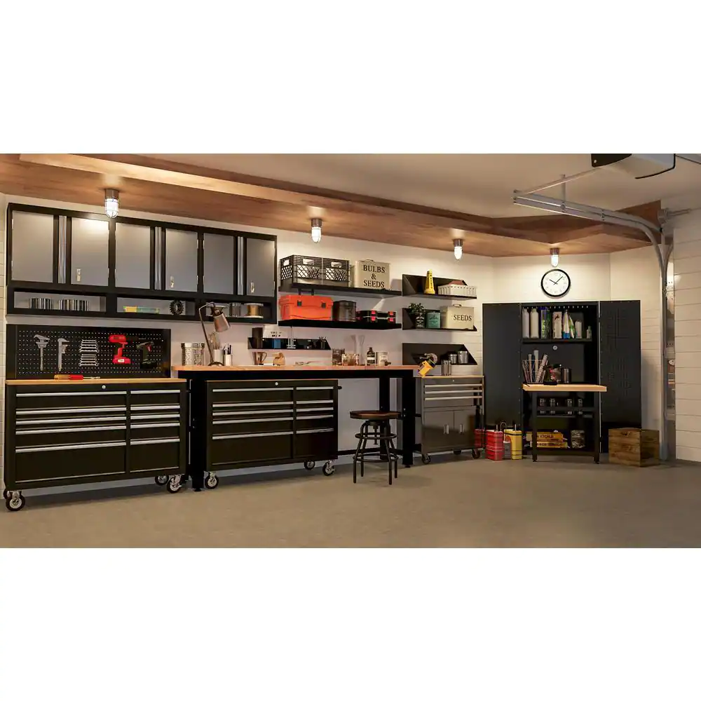 Husky 8 ft. Adjustable Height Solid Wood Top Workbench in Black for Ready to Assemble Steel Garage Storage System