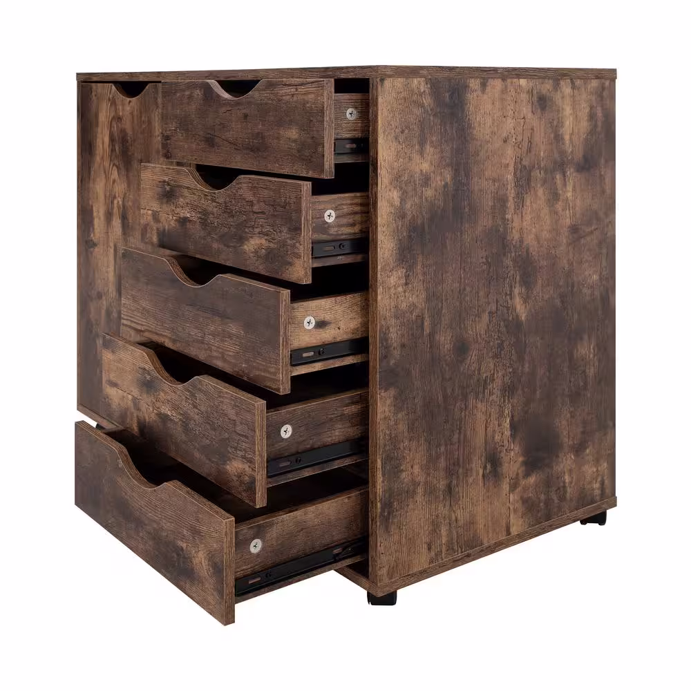 None Rustic Brown 5 Drawer with Shelf 30.7 in W x 15.7 in D x 26.3 in H Wooden File Cabinets Vertical File Cabinet
