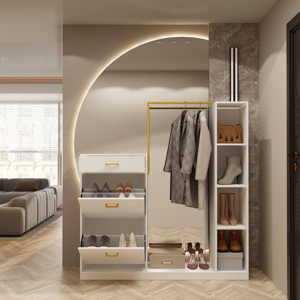 None 57.9 in. H x 55.1 in. W Shoe Storage Cabinet in White With Metal Frame Coat Rack, Drawer, Storage Shelves Up to 12-Pairs