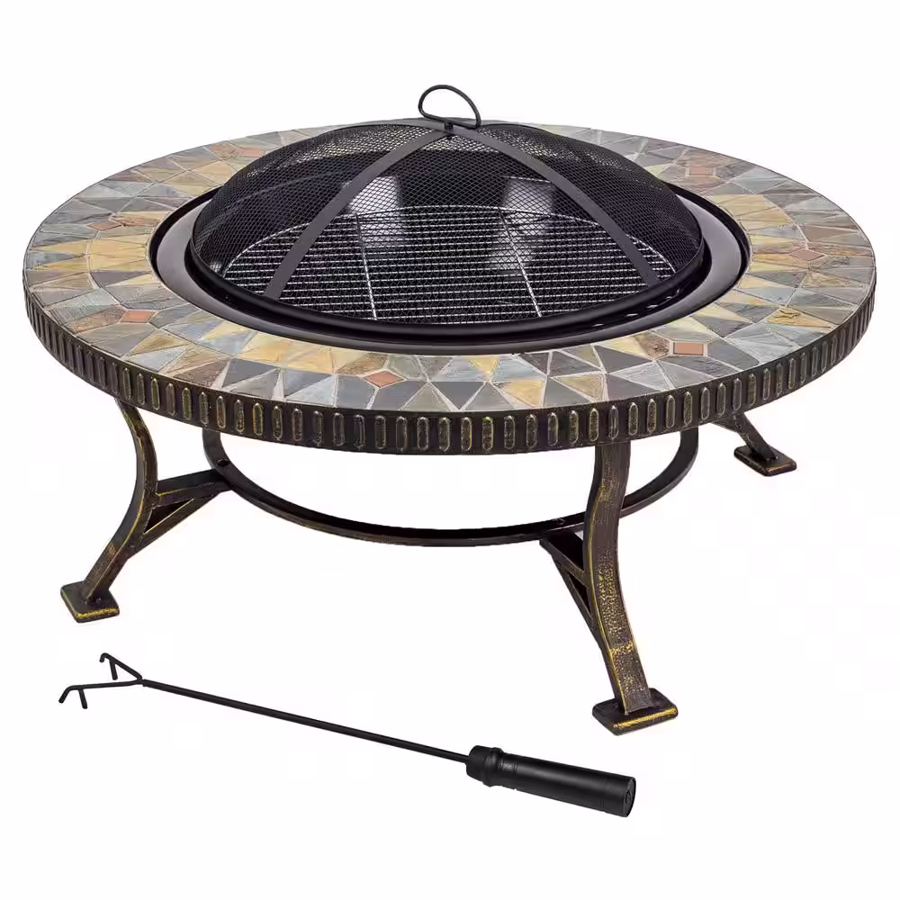 Pleasant Hearth Olivia Slate Top 34 in. W x 19.6 in. H Round Steel Wood Burning Rubbed Gold Fire Pit