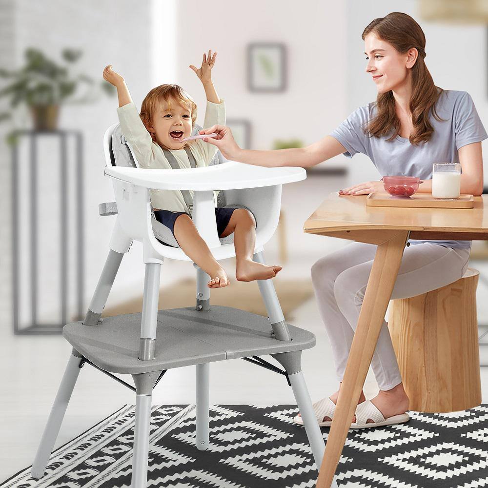 Costway 4 in 1-Baby Highchair Gray Plastic Convertible Toddler Table Chair Set with PU Cushion