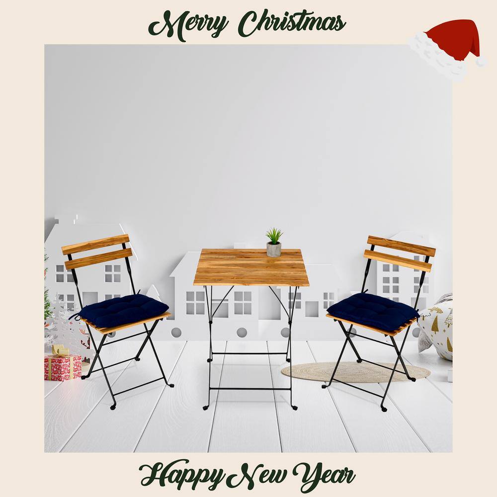 SUNRINX 3-Piece Solid Wood Teak Bistro Set Folding Outdoor Dining Set with Navy Blue Cushions