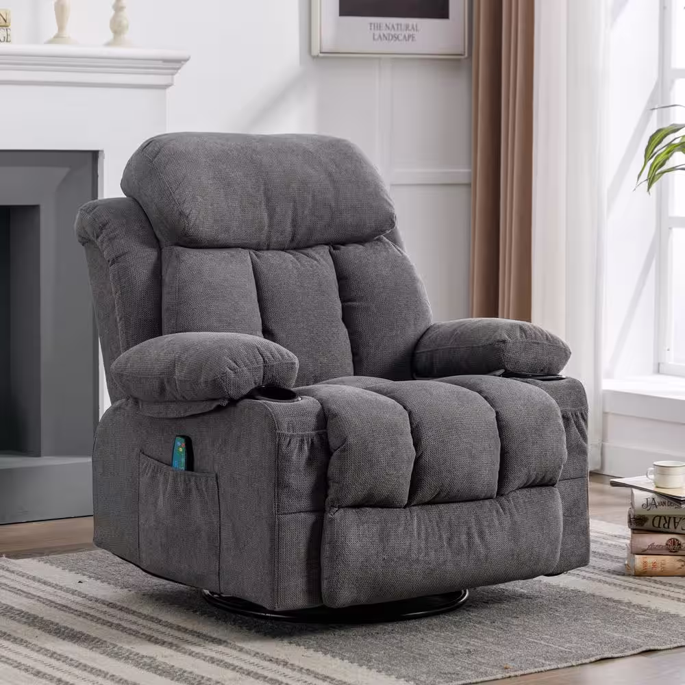None Gray Fabric Swinging Recliner Chair Massage Heated Sofa, with USB and 2-Cup Holders in Side Pockets