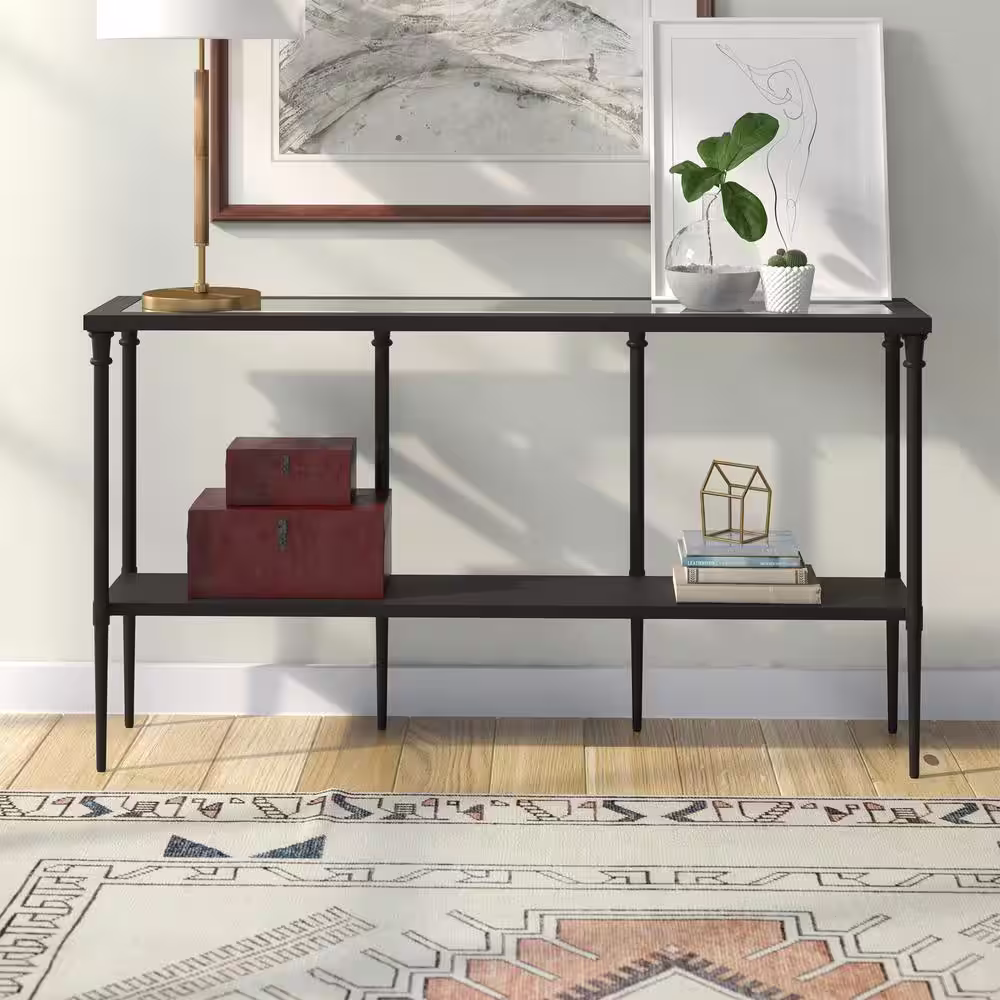 Meyer&Cross Nellie 55 in. Blackened Bronze Rectangle Glass Console Table with Solid Metal Shelf
