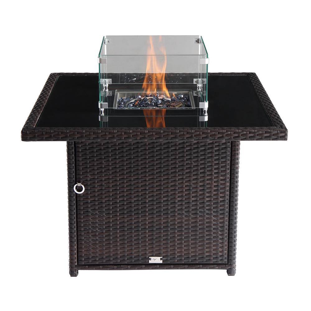 Oakville Furniture 36 in. Outdoor Square Brown Wicker Aluminum Gas Propane Fire Pit Table In Tempered Glass W/Fire Glass