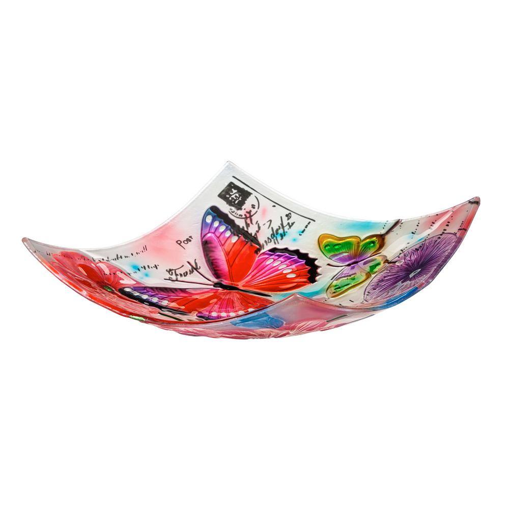 Evergreen 16.5 in. Butterfly Prints Hand Painted Embossed Square Glass Bird Bath