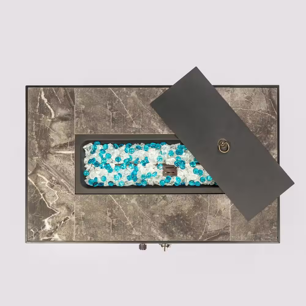 None Brown Wicker Rectanglar Outdoor Fire Pit Table with Propane Tank Cover