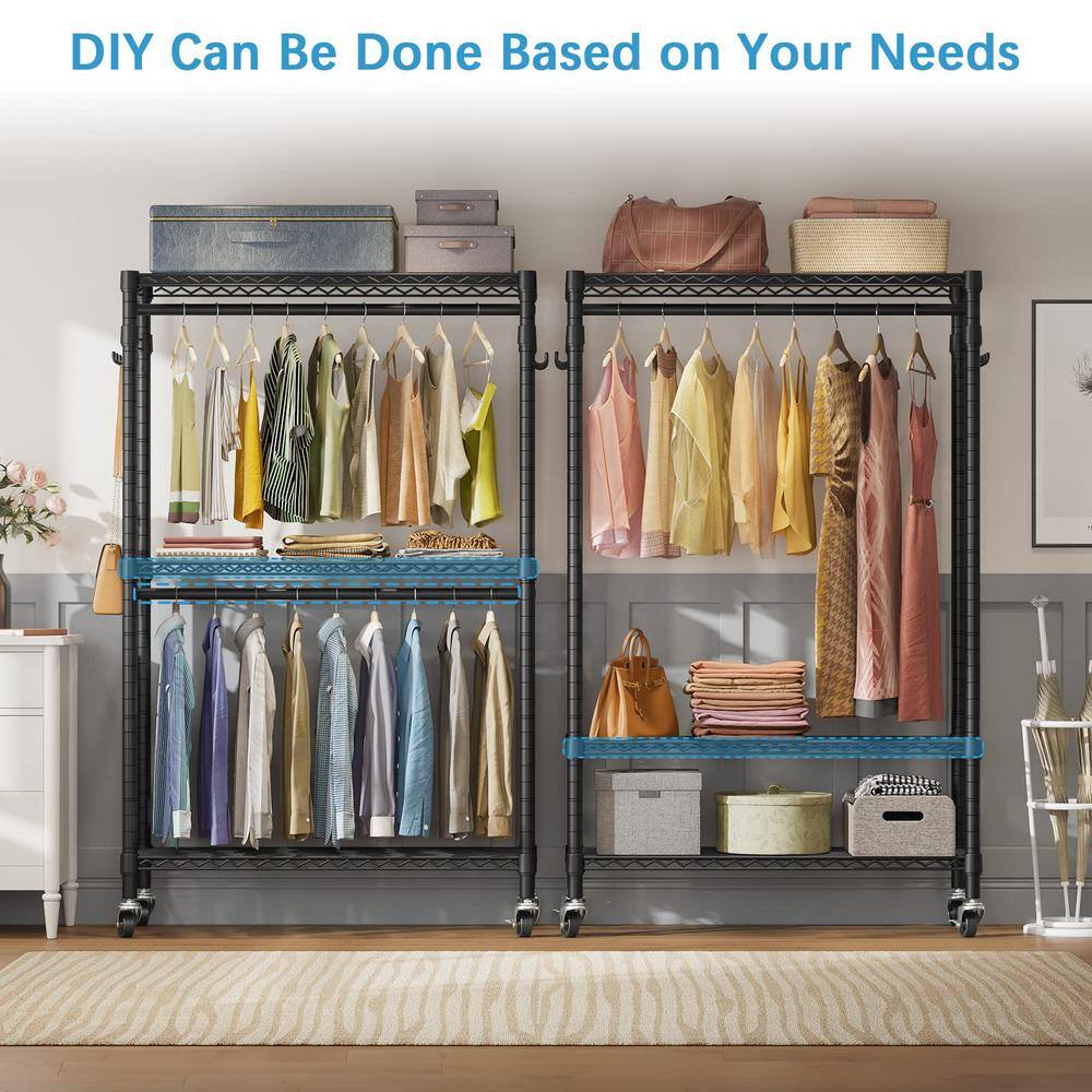 None Black Metal Garment Clothes Rack with Wheels 45 in. W x 80 in. H