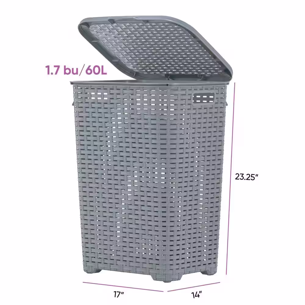 None Gray Wicker Hamper with Lid