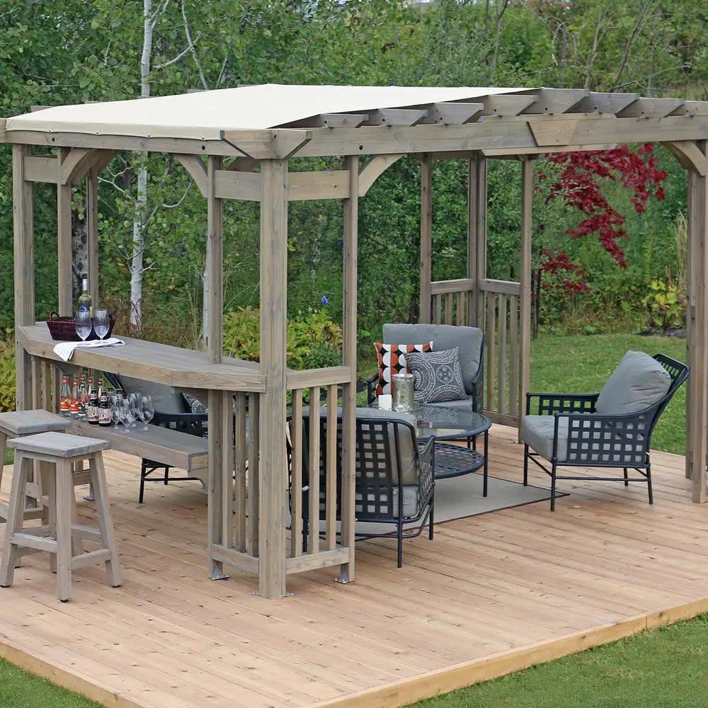 Yardistry Madison 10 ft. x 14 ft. Timber Gray Cedar Wood Backyard Patio Pergola including UV Sun Shade, Counter and Serving Bar