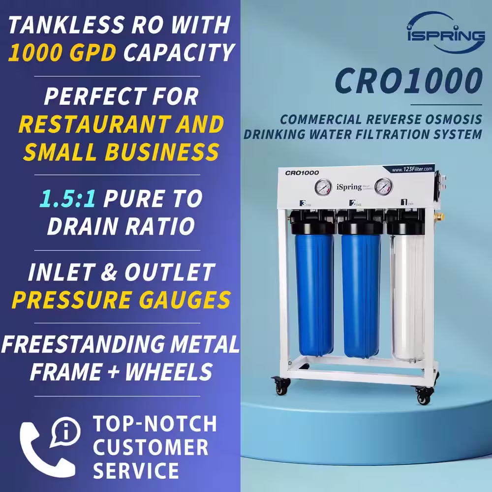 ISPRING 4-Stage Tankless Commercial Reverse Osmosis Water Filtration System for Restaurant and Small Business, 1000 GPD