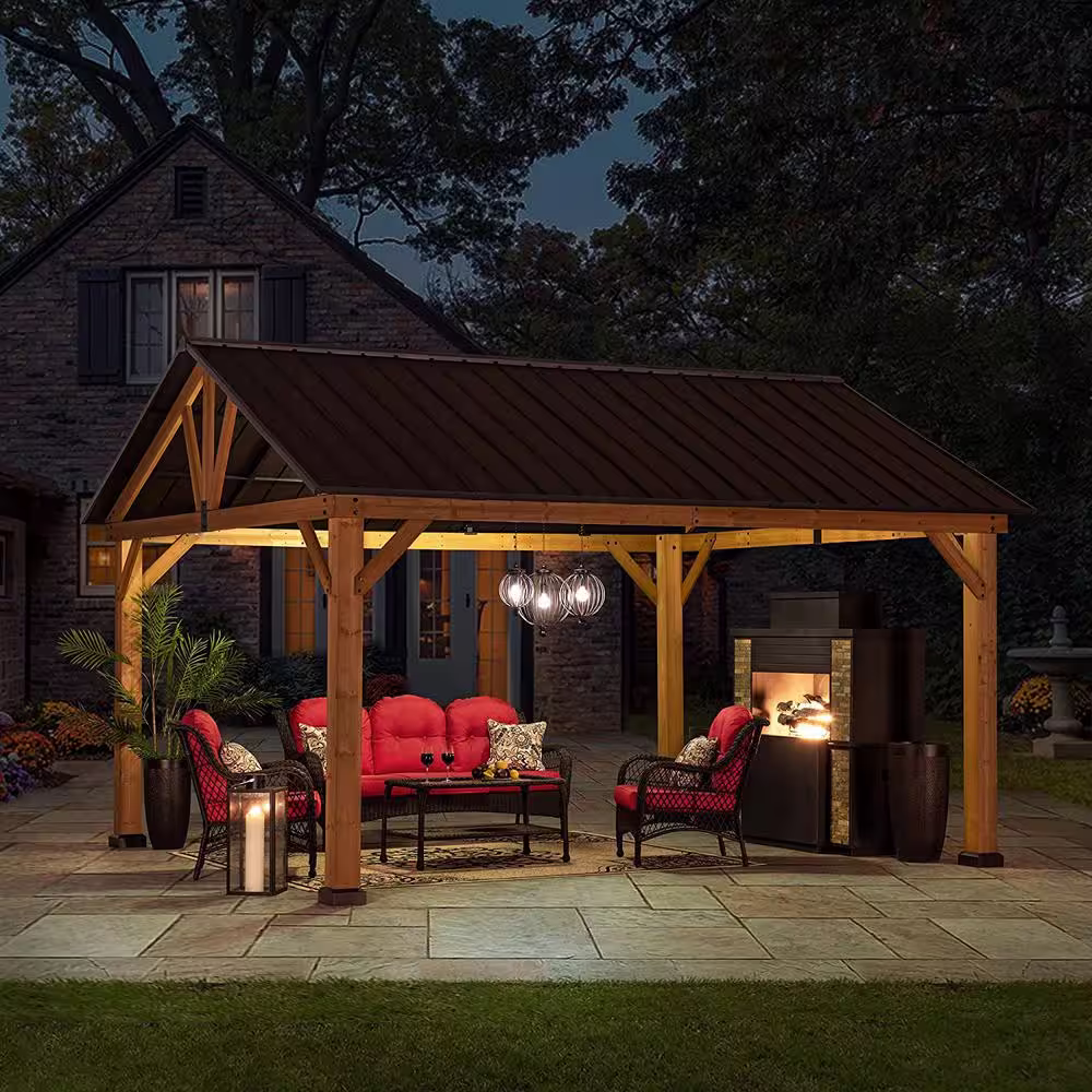 Sunjoy Wynn 13 ft. x 15 ft. Cedar Framed Gazebo with Brown Steel Gable Roof Hardtop