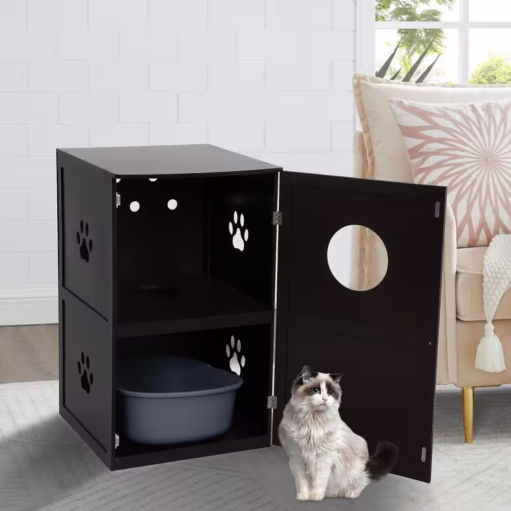 COZIWOW 2-Tier Wood Cat House Litter Box Cover Washroom with Openable Door, Brown