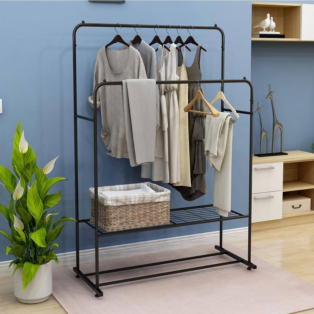 None Black Double Rods Multi-functional Freestanding Metal Clothes Rack 43.30 in. W x 60.24 in. H