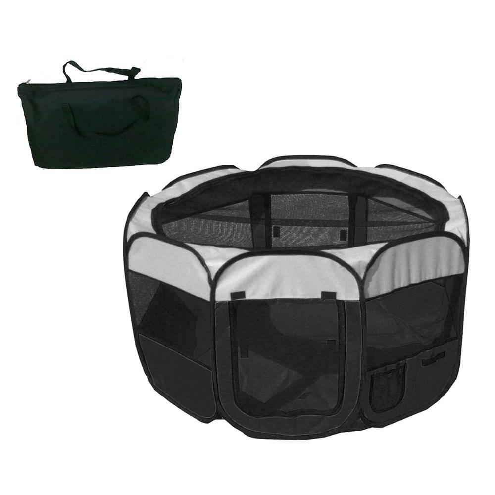 PET LIFE All-Terrain Lightweight Easy Folding Wire-Framed Collapsible Travel Dog Playpen in Black/White - LG