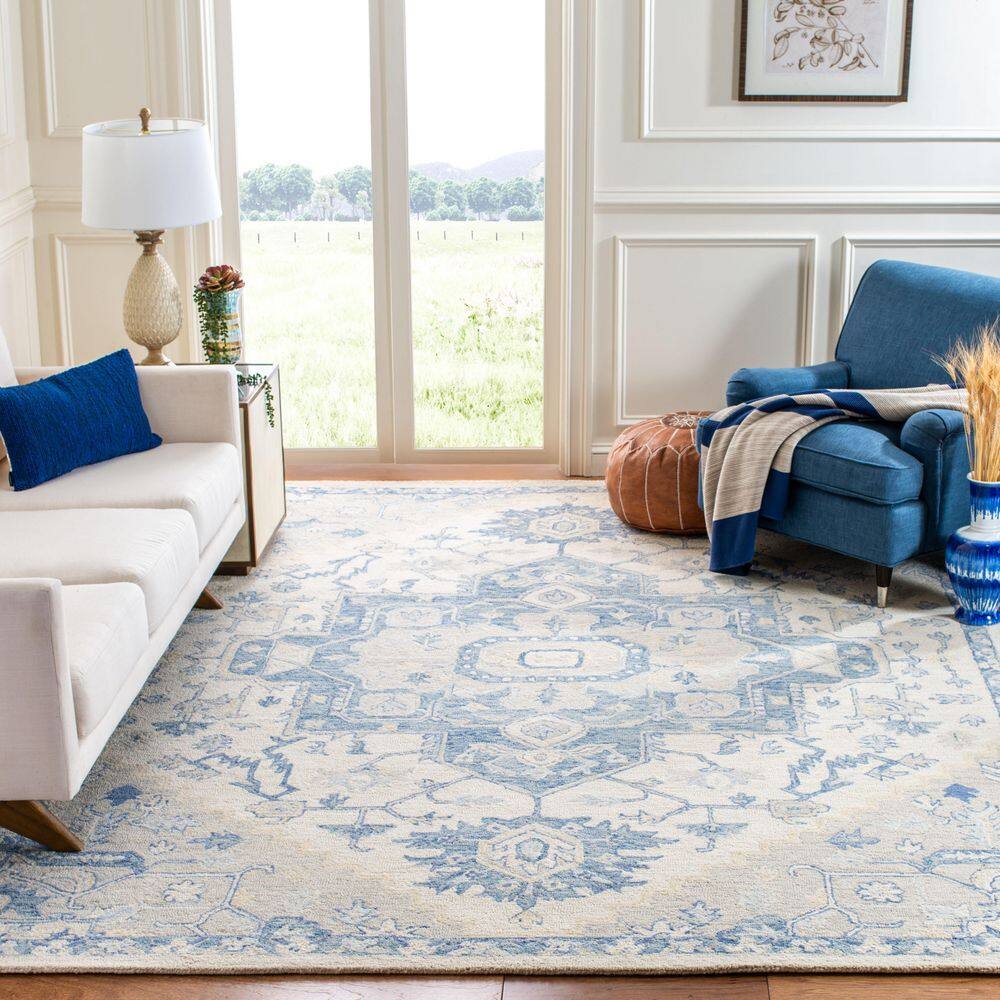 SAFAVIEH Micro-Loop Ivory/Blue 10 ft. x 14 ft. Floral Medallion Area Rug