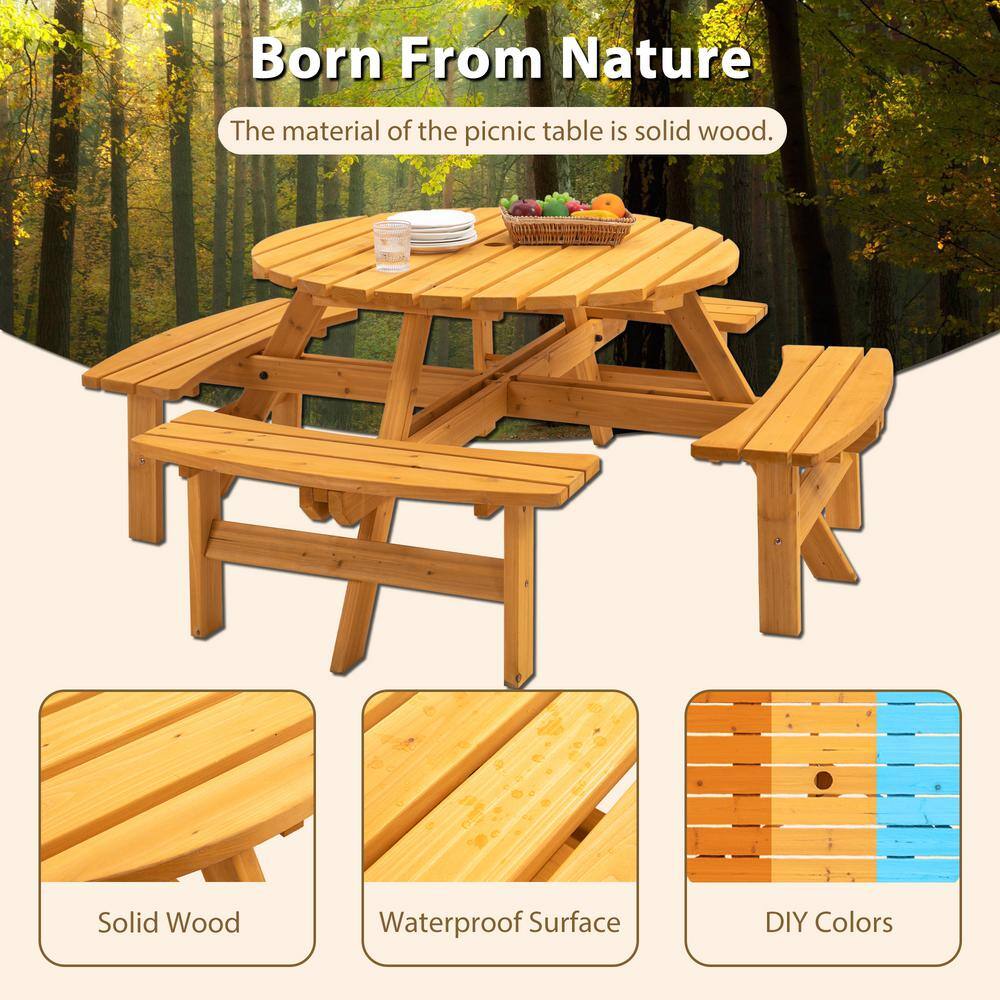 None 43.3 in. Brown Round Circular Solid Wood Picnic Table Seats 8-People with Umbrella Hole
