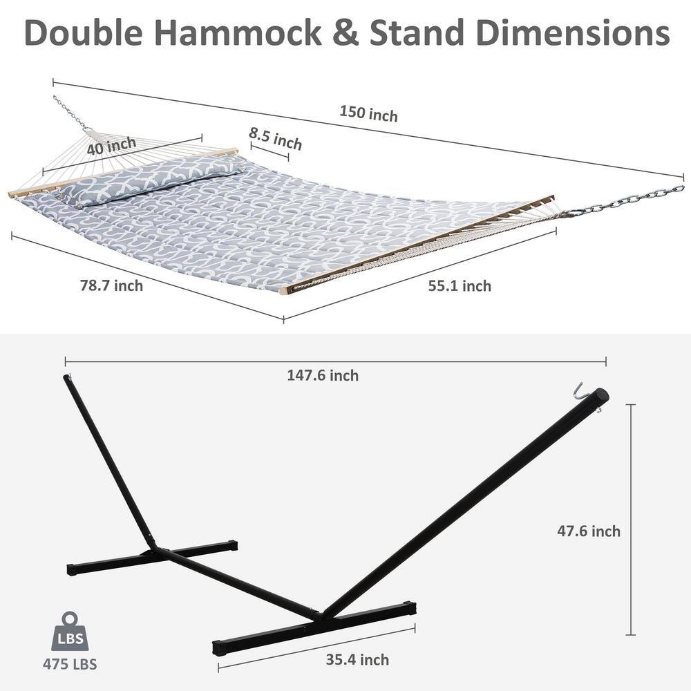 Atesun 12 ft. Free Standing, 475 lbs. Capacity, Heavy-Duty 2-Person Hammock with Stand and Detachable Pillow in Grey