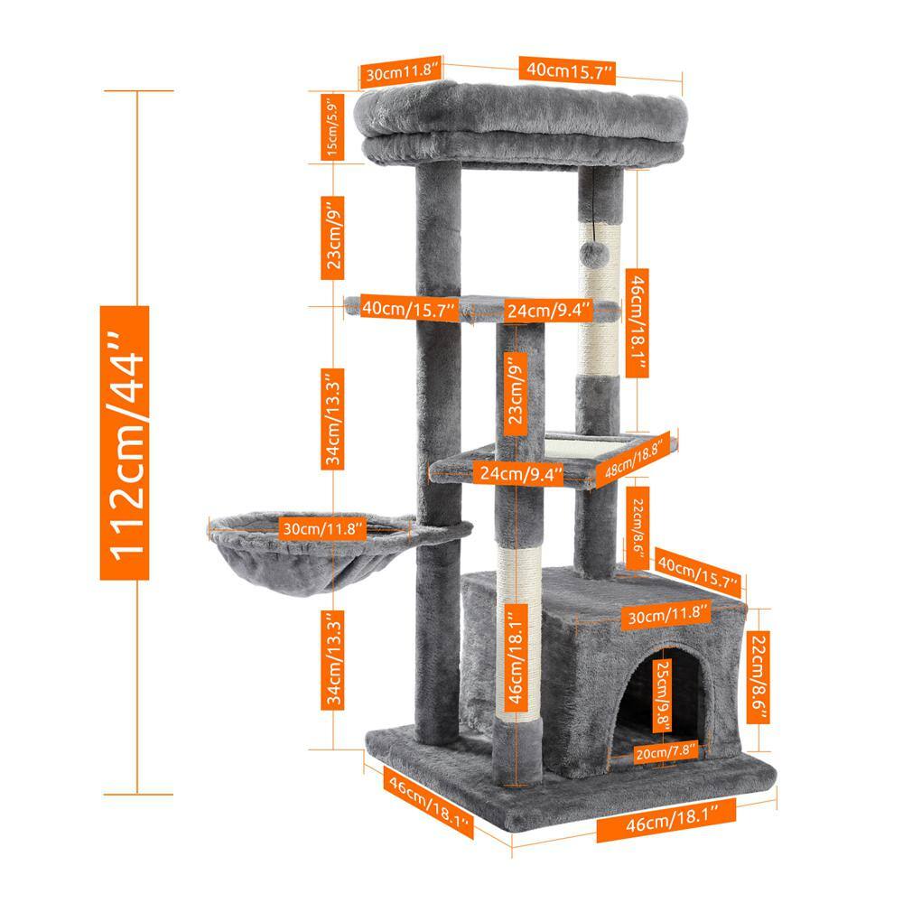 Foobrues Gray Cat Tree Multi-Level Cat Tower with Sisal Covered Scratching Posts, Spacious Condo, Cozy Hammock and Plush Perch