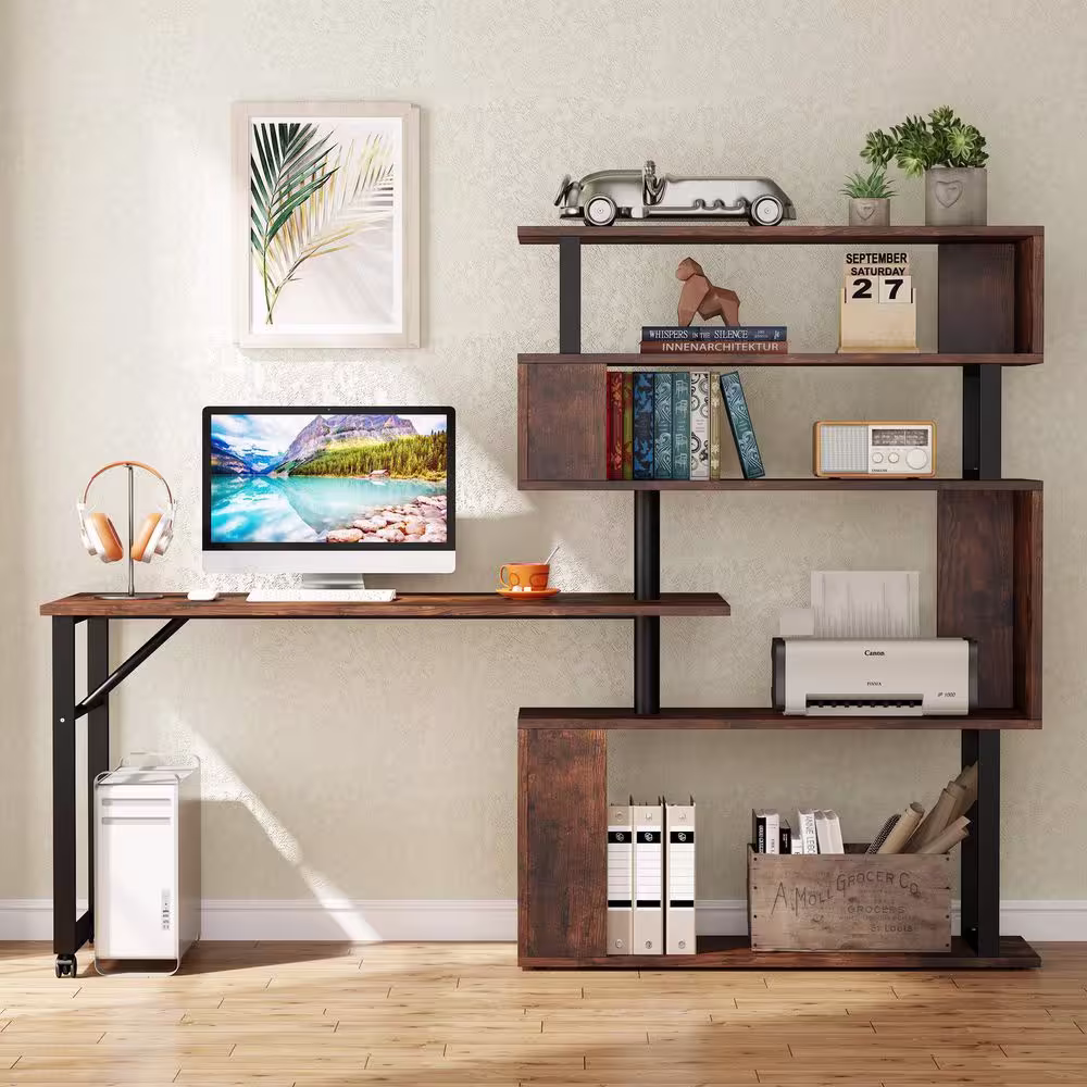 TRIBESIGNS WAY TO ORIGIN Halsey 47 in. W Reversible L-Shaped Brown Wood Corner Computer Desk Writing Studying Reading Desk 5-Tier Storage Shelves