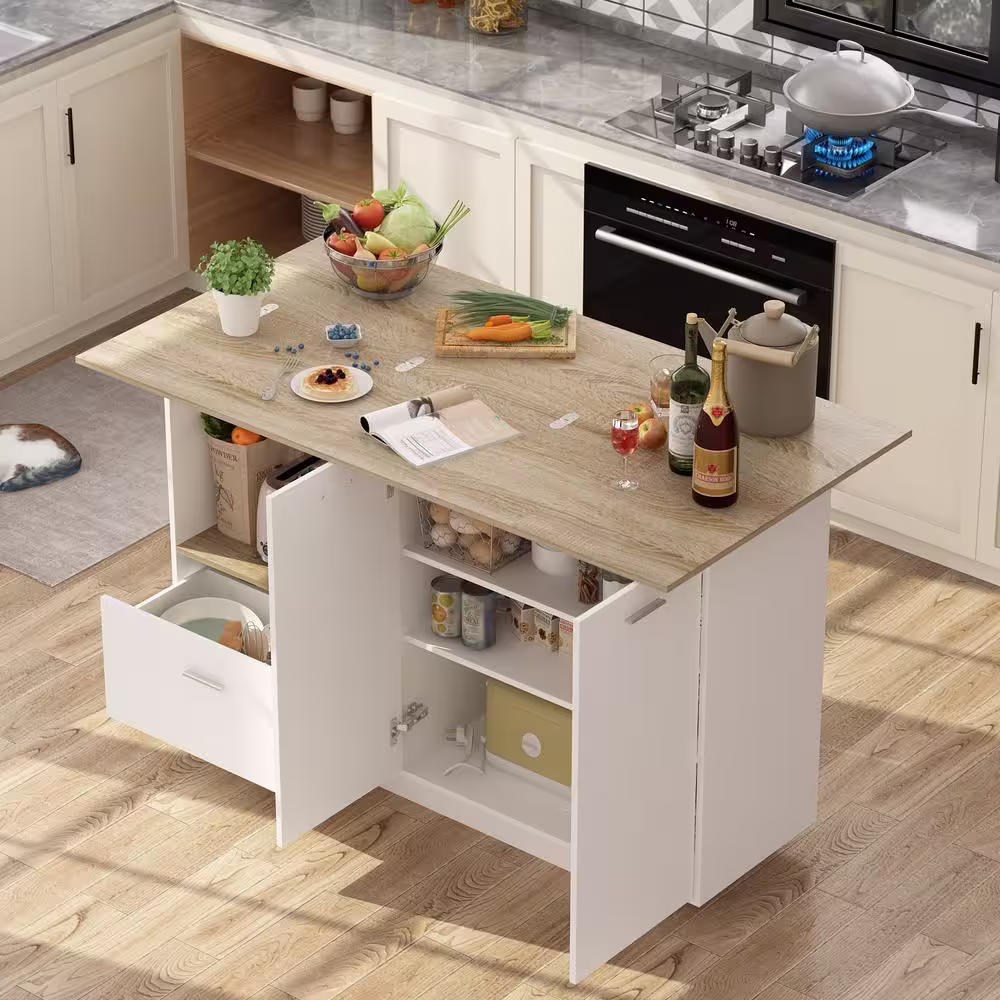 FUFU&GAGA White/Oak Wood 59.1 in. W Kitchen Island Dining Table With Adjustable Shelves and Drawer