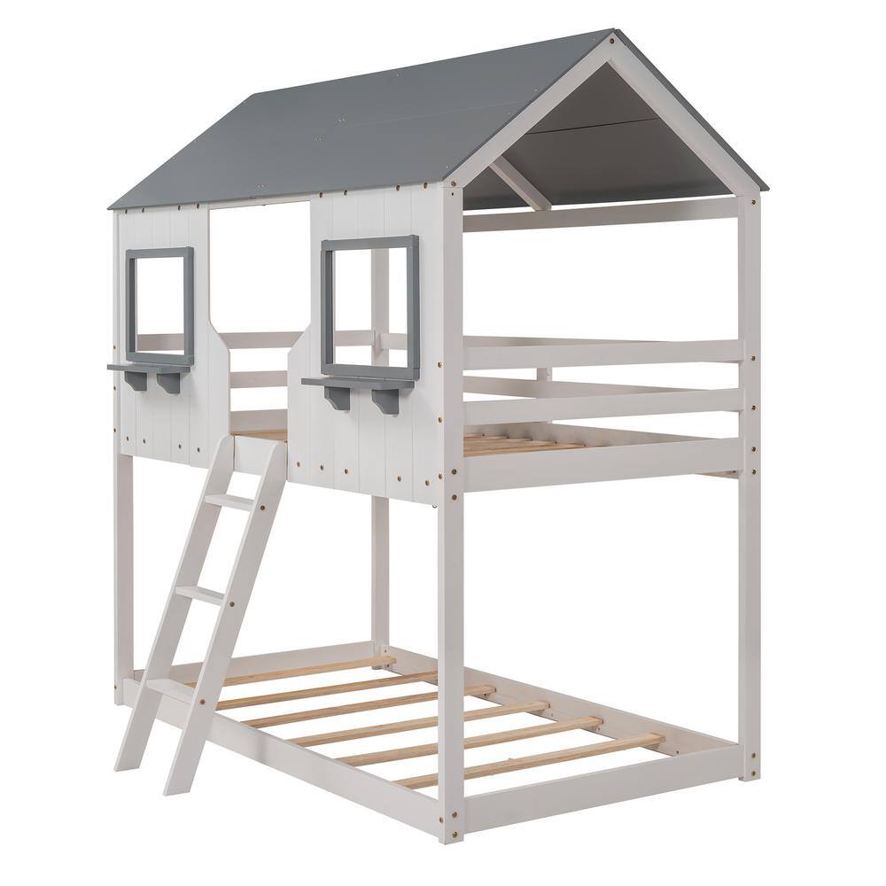 Harper & Bright Designs White Twin Over Twin Wood House Bunk Bed with Roof and Window