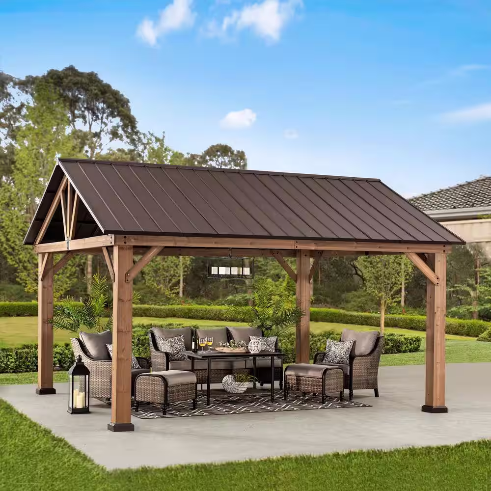 Sunjoy Wynn 13 ft. x 15 ft. Cedar Framed Gazebo with Brown Steel Gable Roof Hardtop
