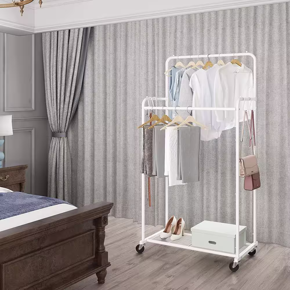 None White Metal Garment Clothes Rack Double Rods 28.5 in. W x 59.6 in. H