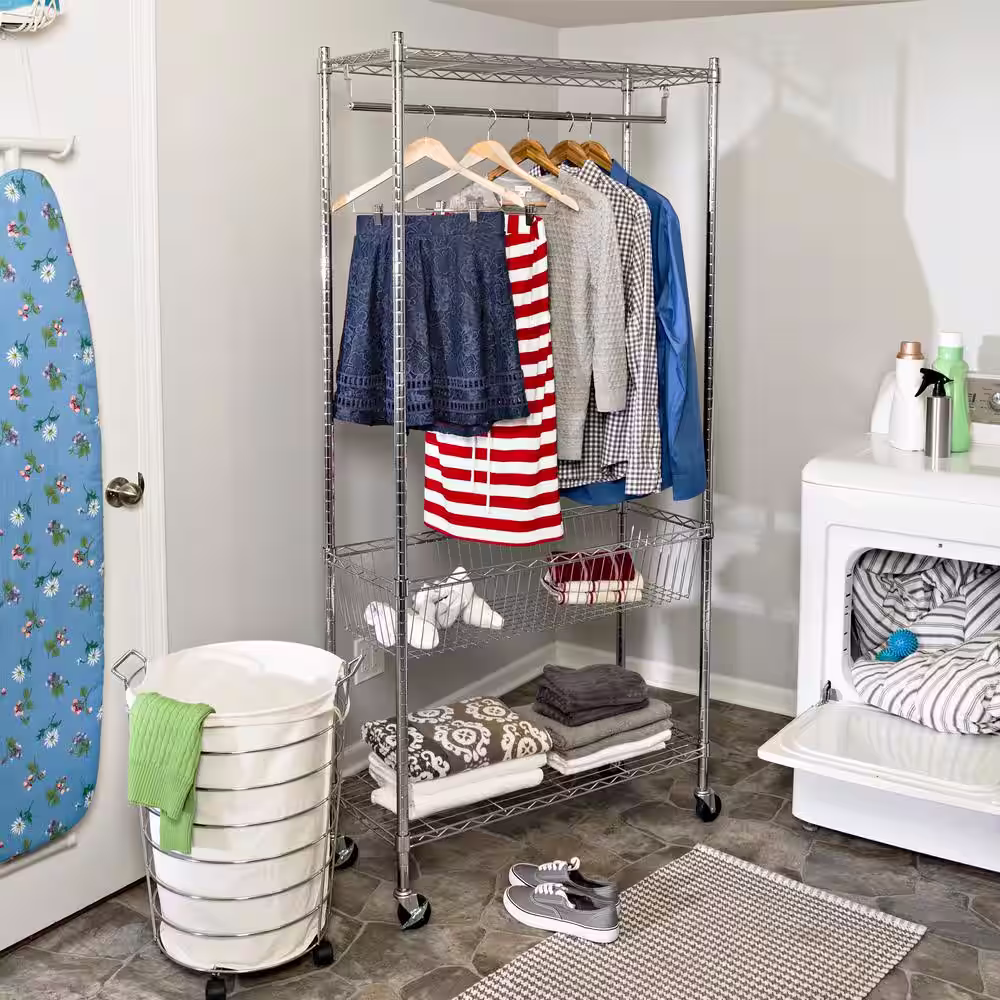 Honey-Can-Do Rolling Laundry Clothes Rack with Shelves, Chrome