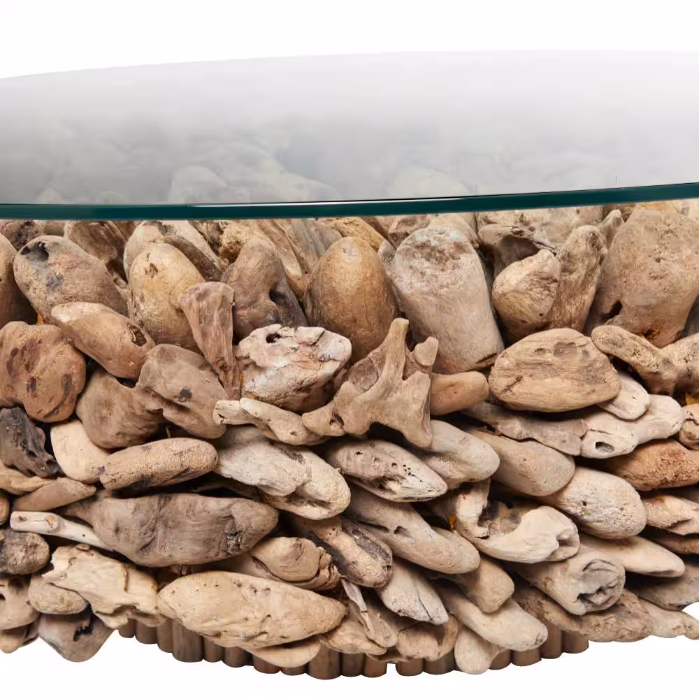 Litton Lane 48 in. Brown Medium Round Driftwood Handmade Collage and Pedestal Base Coffee Table with Tempered Glass Top