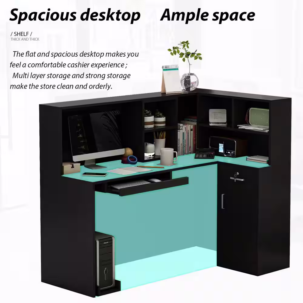 FUFU&GAGA 55.9 in. L Shaped Black Wood Executive Desk Reception Desk Computer Writing Desk W/Removable Shelves, Drawer, Cabinet