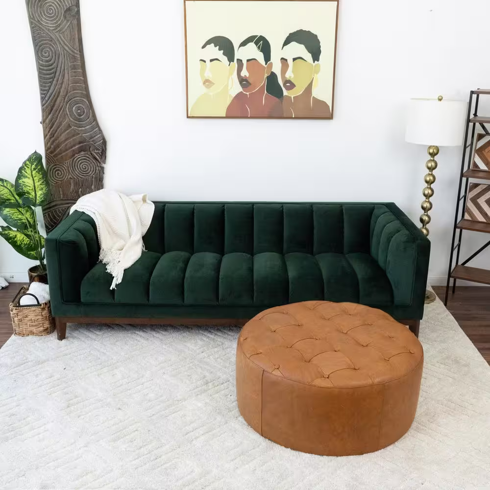 Ashcroft Furniture Co Tate Round Genuine Leather Ottoman in Tan Brown