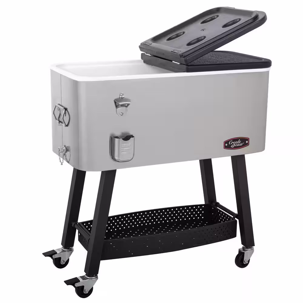 None 80- Quart Premium Rolling Cooler, Portable Cold Drink Beverage Cooler Cart, Silver