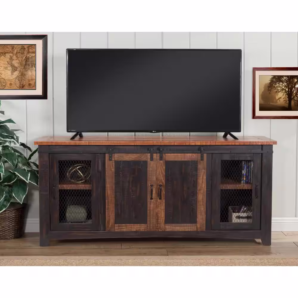 Martin Svensson Home Santa Fe Antique Black and Age Distressed Pine Metal TV Stand Fits TVs Up to 70 in. with Cable Management