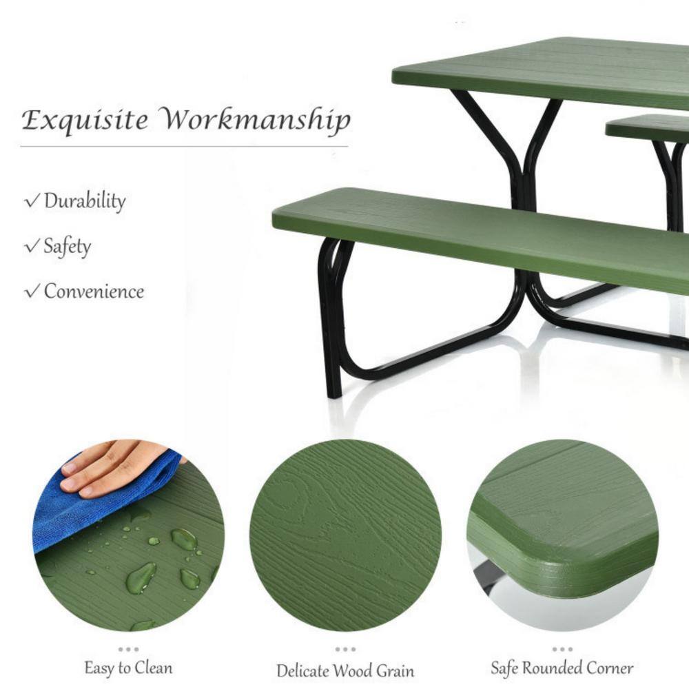 None Green Outdoor Picnic Table Bench Set with Metal Base Wood