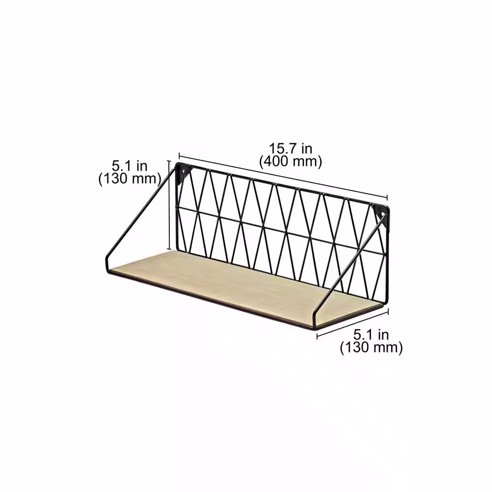 Dolle DIAMOND 16.5 in. x 4.7 in. x 5.1 in. Oak-Black Steel Decorative Wall Shelf with Brackets