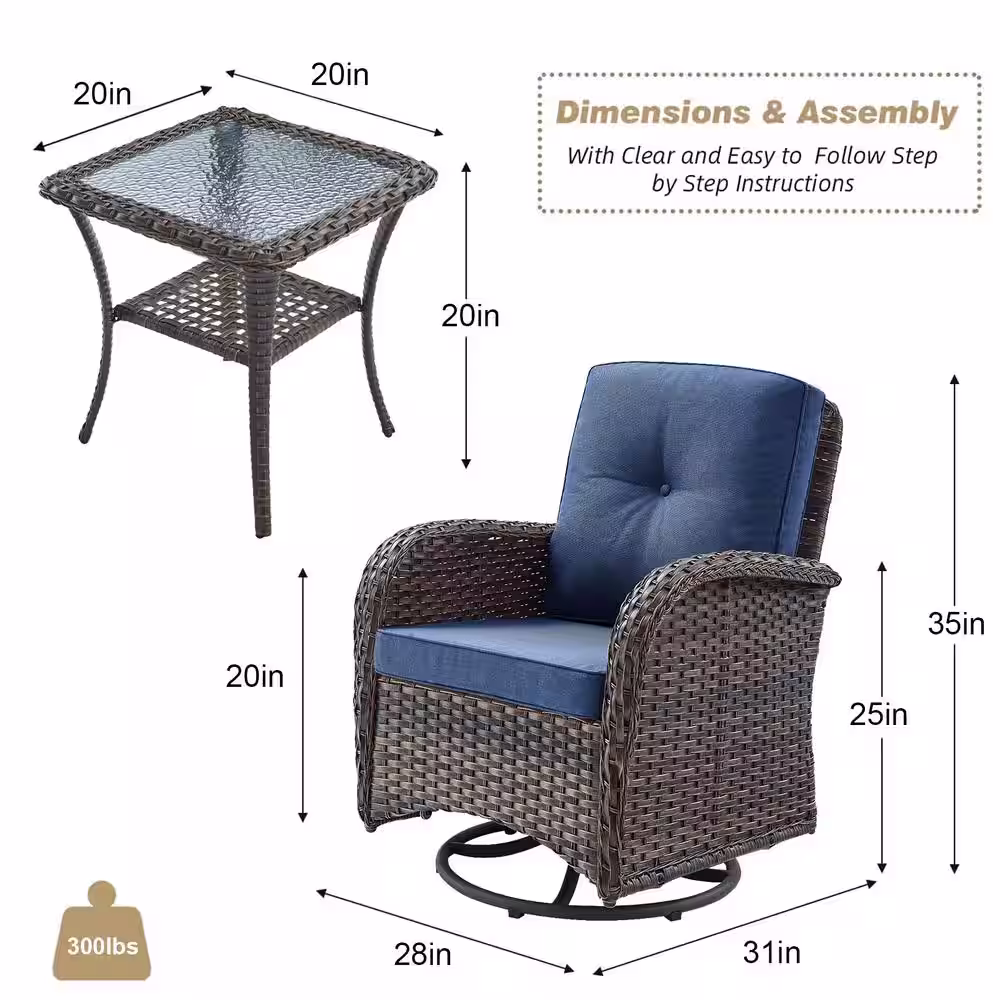 Pocassy Brown 3-Piece Wicker Patio Conversation Set with Blue Cushions and Coffee Table All-Weather Swivel Rocking Chairs