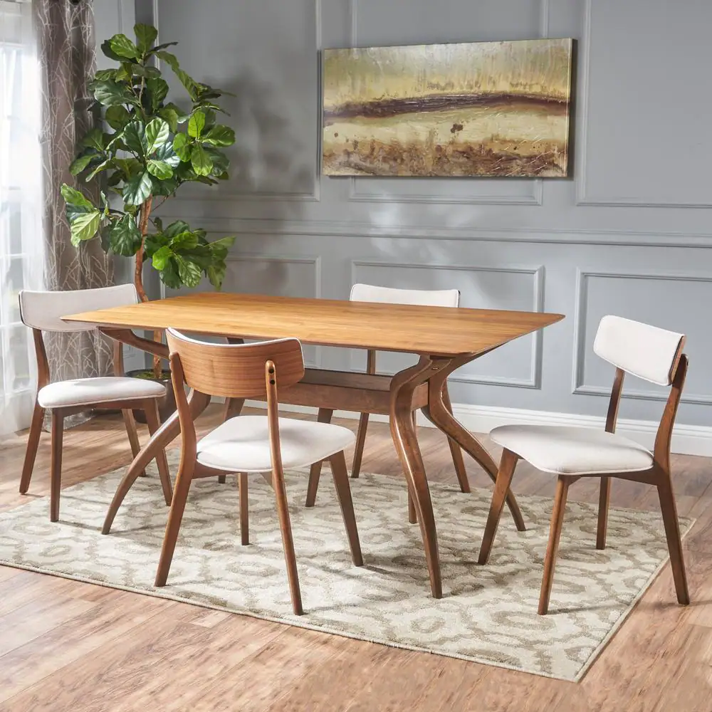 Noble House Nissie 5-Piece Natural Walnut and Light Beige Dining Set