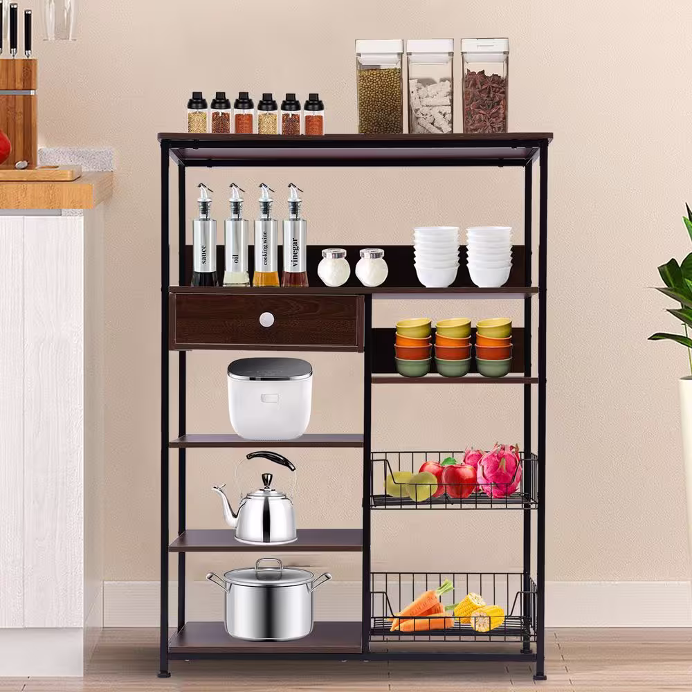 None Brown 5-Tier Metal Wood Shelving Unit (31.5 in. W x 43.7 in. H x 11.8 in. D)