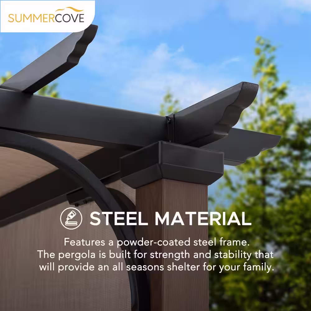 Sunjoy Neuralia 11 ft. x 11 ft. Steel Pergola with Natural Wood Looking Finish and Adjustable Tan Shade