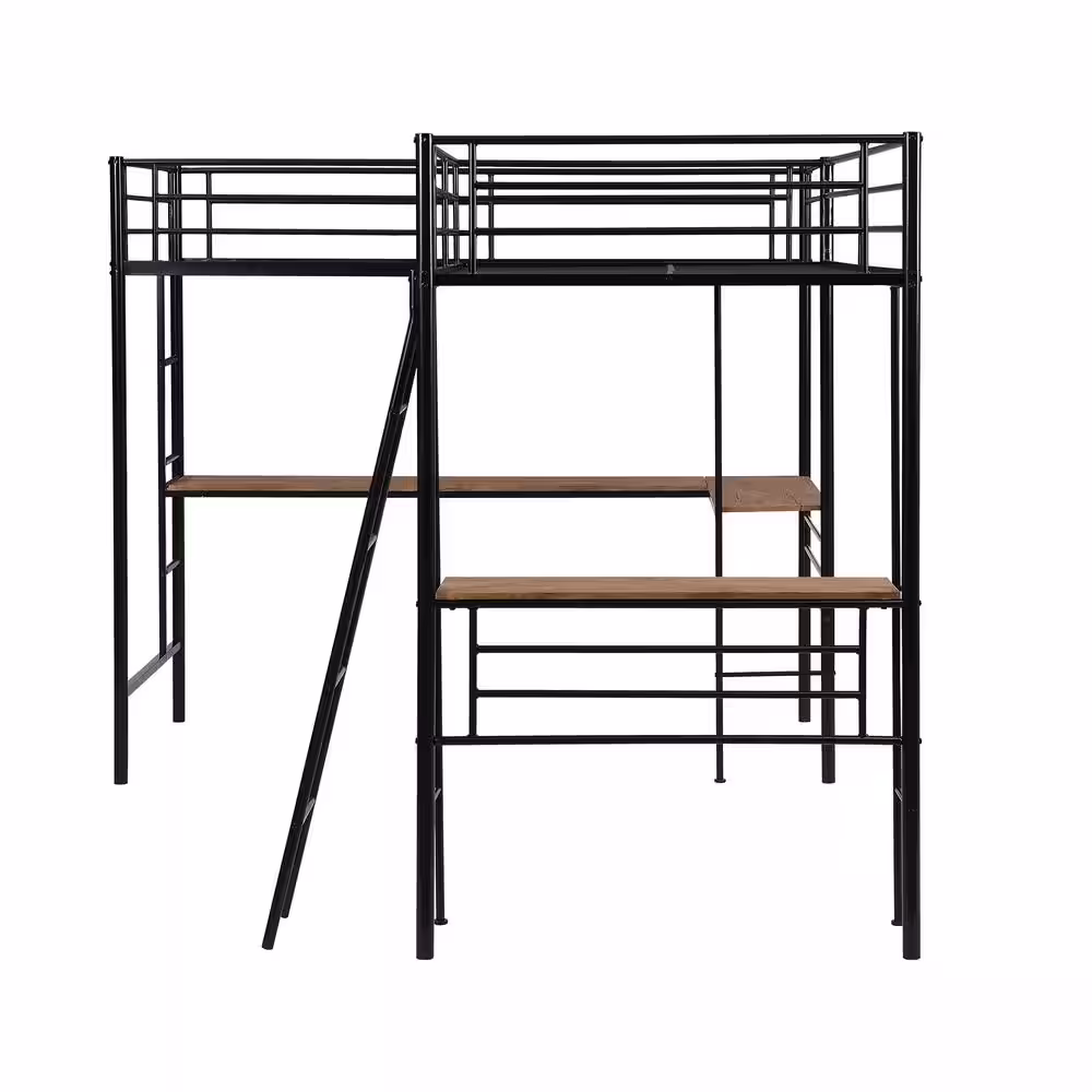 Harper & Bright Designs L-shaped Black Metal Twin Size Loft Bed with 2 Built-in Desks and 2 Ladders