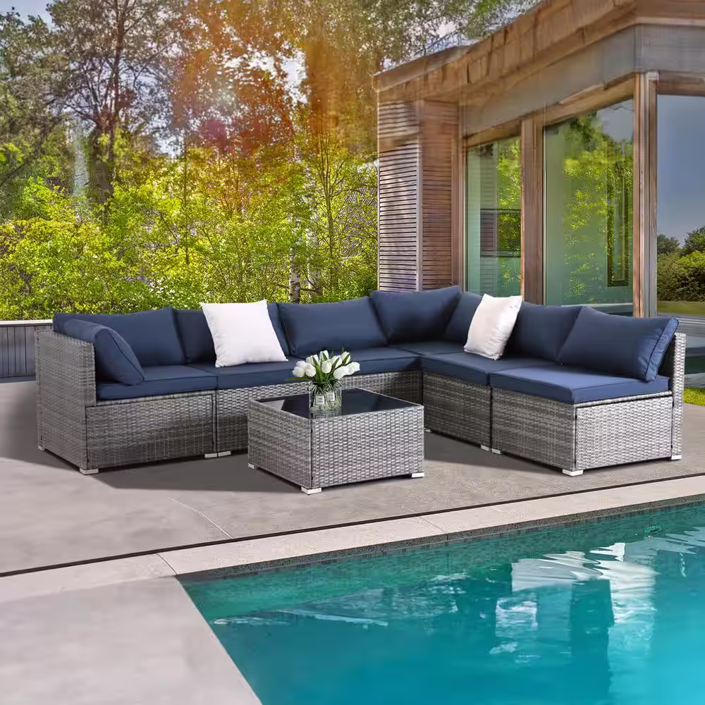 None All-Weather 7-Piece Gray PE Wicker Patio Conversation Set with Navy Blue Cushions