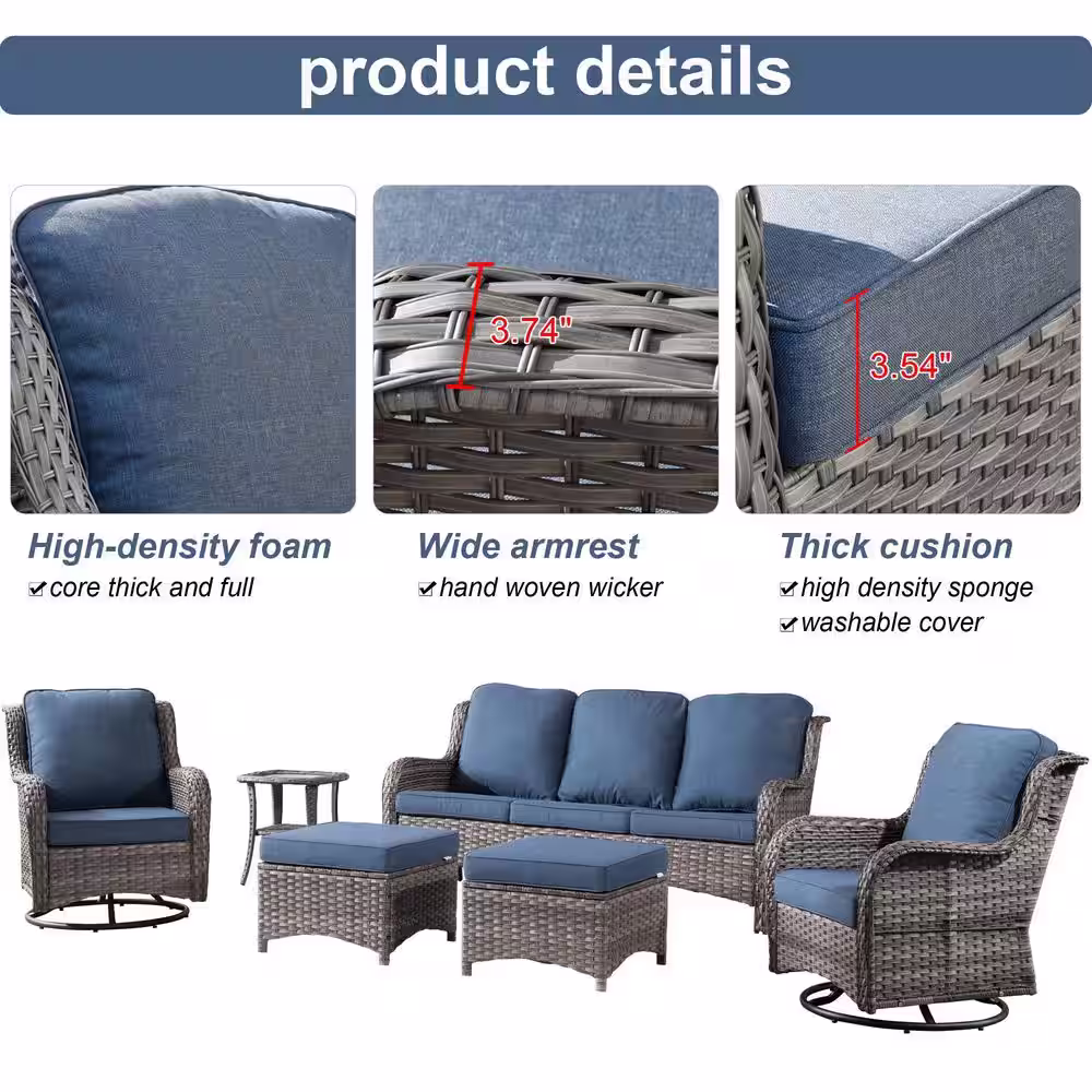 XIZZI Moonlight Gray 6-Piece Wicker Patio Conversation Seating Sofa Set with Denim Blue Cushions and Swivel Rocking Chairs