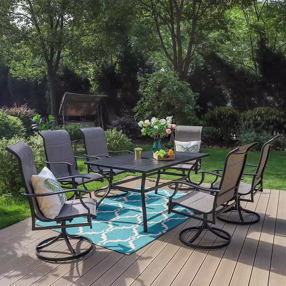 PHI VILLA Black 7-Piece Metal Outdoor Patio Dining Set with Slat Rectangle Table and Padded Textilene Swivel Chairs