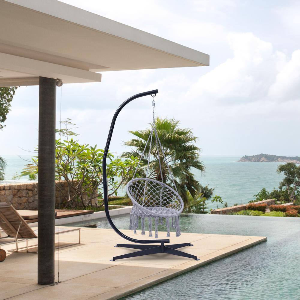 None 7 ft. Metal Hanging Porch Swing Hammock Stand in Black