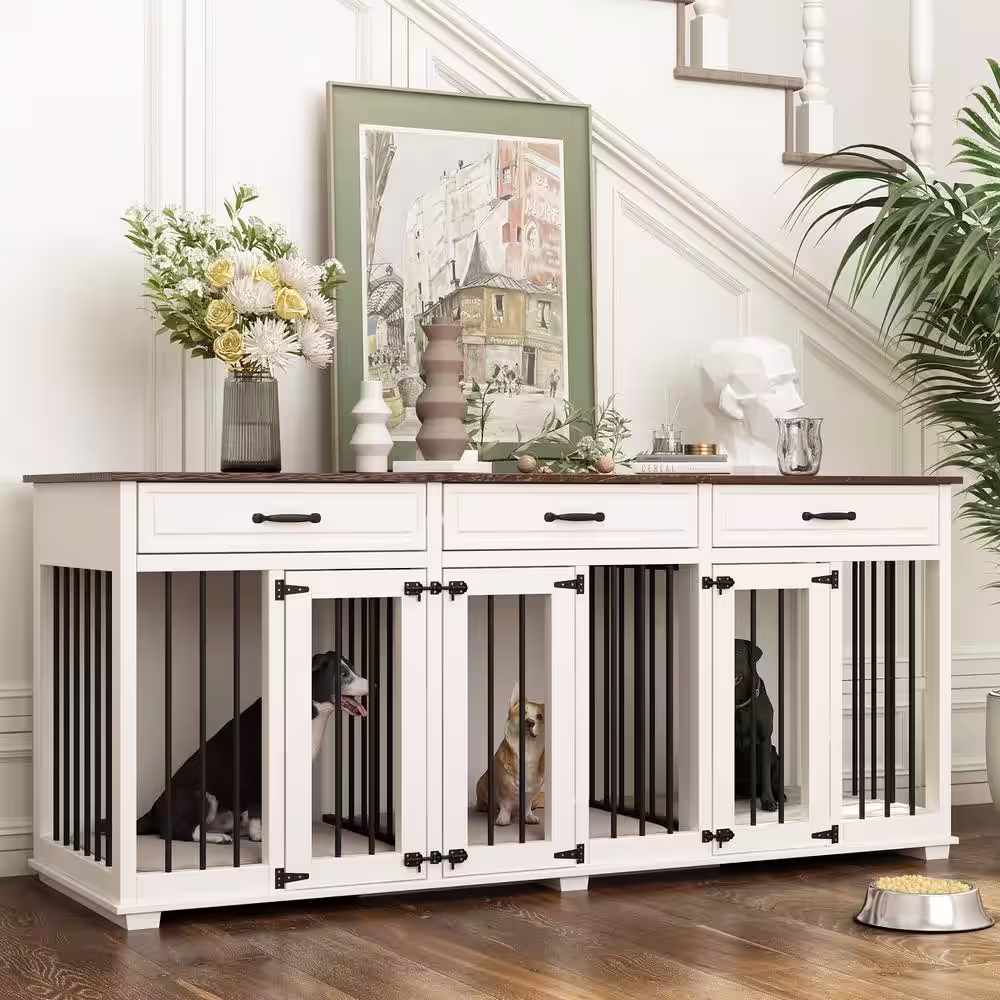 None 94.5 in. Wooden Dog Crate Kennel with 3-Drawers and Divider, Indoor Super Large Dog Crate Furniture for Extra Large Dogs