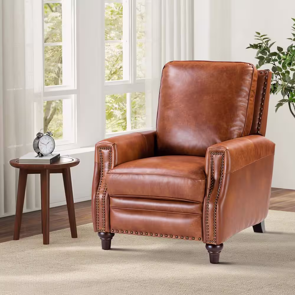 JAYDEN CREATION Theresa Comfy Saddle Manual 3-Position Cigar Genuine Leather Recliner with Nailhead Trim and Solid Wooden Legs