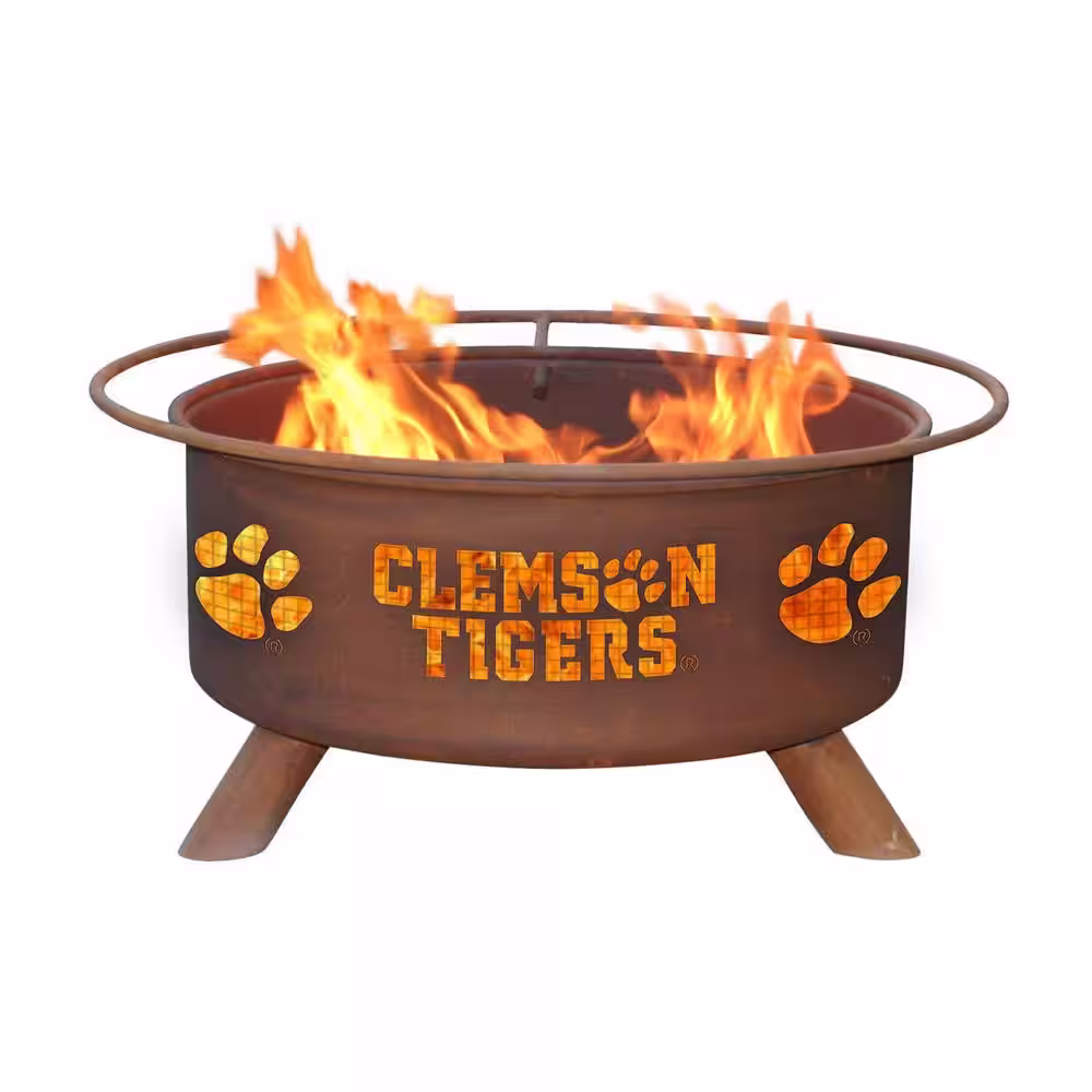 None Clemson 29 in. x 18 in. Round Steel Wood Burning Fire Pit in Rust with Grill Poker Spark Screen and Cover