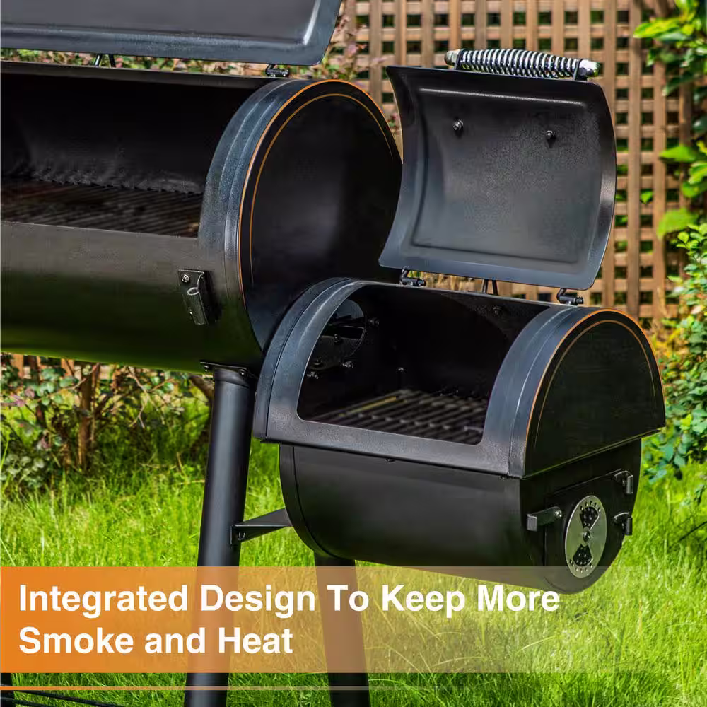 PHI VILLA Offset Charcoal Smoker and Grill in Black