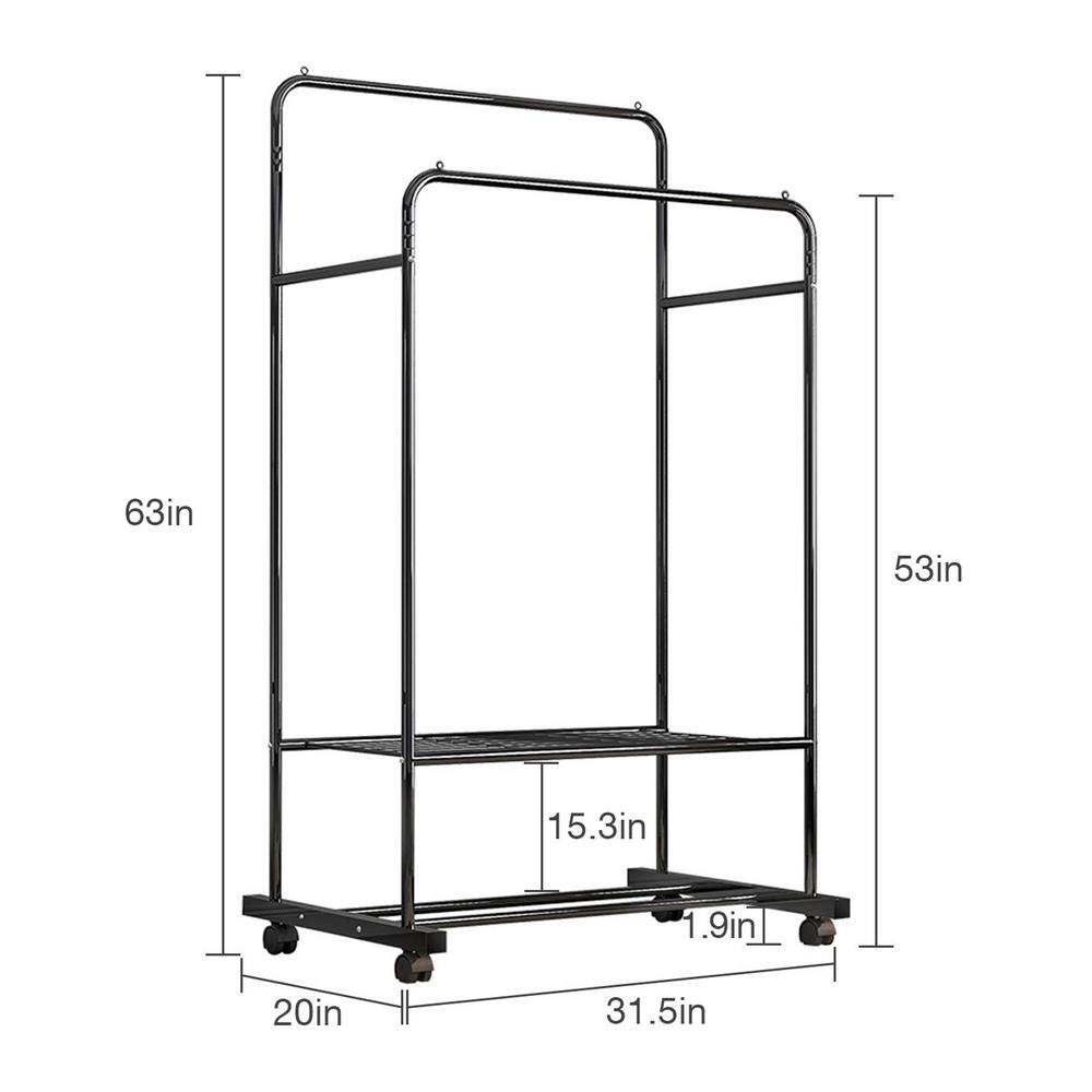 None Black Metal Garment Clothes Rack Double Rods 31.5 in. W x 63 in. H